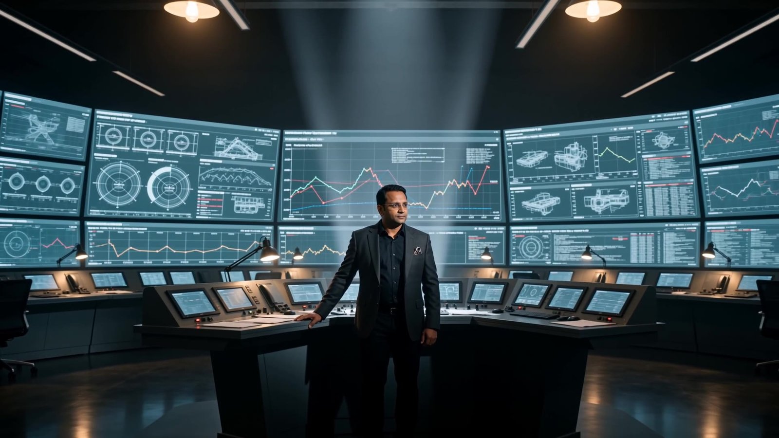 Parth Patel at the console of a plant control room, a wall of production charts and engineering drawings behind him